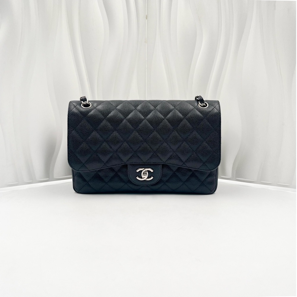 CHANEL Classic Flap Jumbo Bag Black Caviar Leather Silver CC Logo